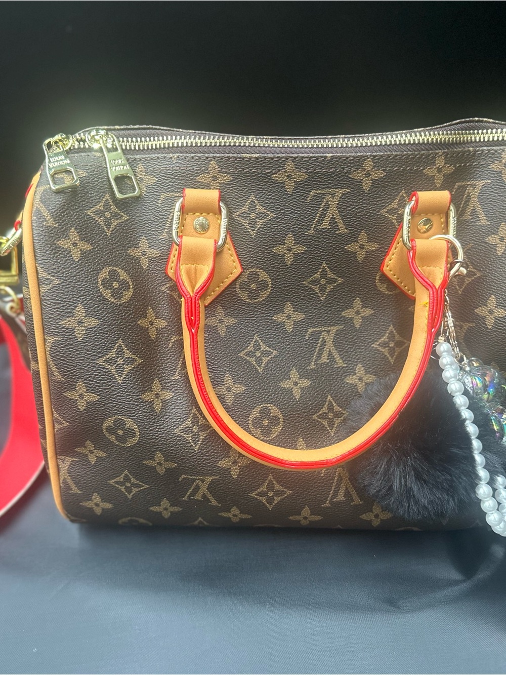Fashion Bag- Brown Monogram Satchel with Black Pom Pom Charm - Picture 4 of 7